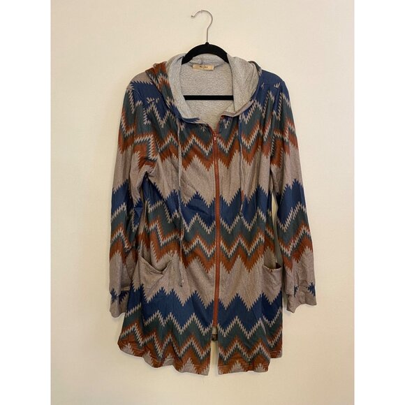Chevron Hooded Zip-Up Lightweight Knit Jacket By Miusey Size XL - Picture 1 of 8